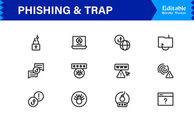Phishing Security Cybercrime: Professional Line Icon Set with Modern Minimal Trap, Scam, and Hacker Symbols