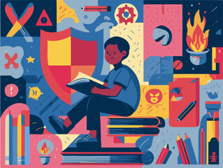 Focused Student Reading Books with Abstract Education Elements