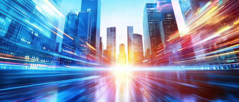 A futuristic cityscape with glowing skyscrapers and dynamic light trails conveying speed and modern urban energy at sunrise or sunset.