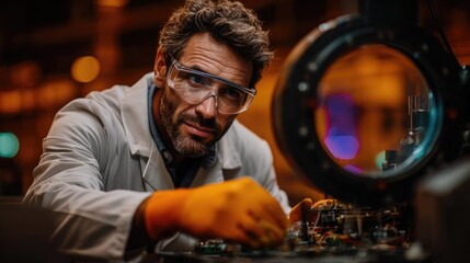 Obraz premium Skilled technician working on machinery in an industrial laboratory with advanced equipment and bright lighting