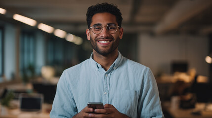 Fototapeta premium Smiling young man in glasses using smartphone in modern office environment
