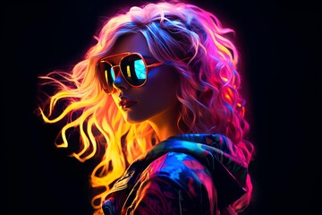 Stylish woman with vibrant neon hair and sunglasses posing under colorful studio lights, creating a trendy and fashionable look