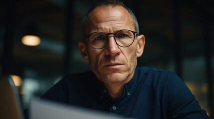 Obraz premium Serious mature man in glasses working at desk in modern office