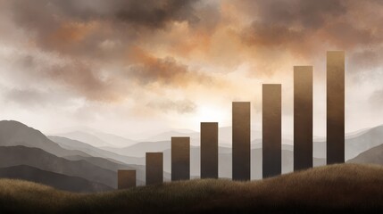 A stylized bar graph rises across a misty mountainous landscape under a dramatic, cloudy sky at sunset.