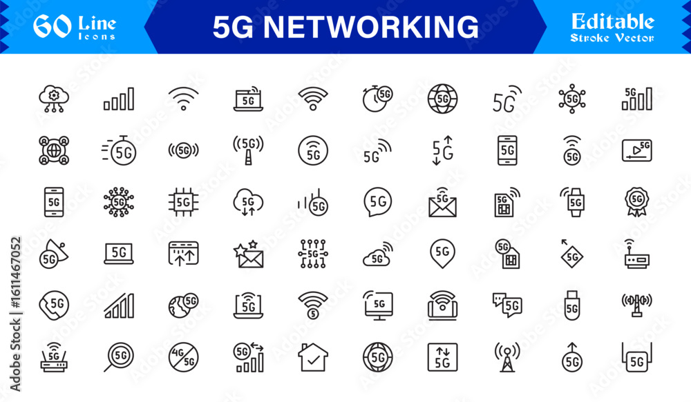 Poster 5g network technology: professional line icon set for modern connectivity and wireless communication