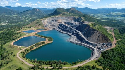 Aerial View of Open-Pit Mine with Lakes Surrounded by Mountains and Lush Green Landscape Under Blue Sky