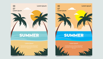 A minimal and colorful summer flyer design featuring palm trees, hammock, sea, clouds, and sun in a tropical beach setting. Perfect for summer event promotions, advertisements, and seasonal marketing 