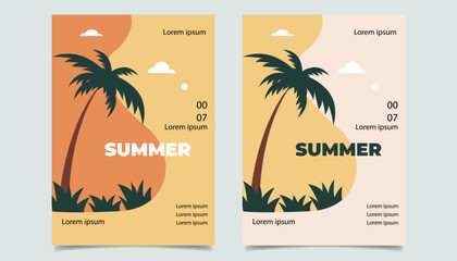 A minimal and colorful summer flyer design featuring palm trees, hammock, sea, clouds, and sun in a tropical beach setting. Perfect for summer event promotions, advertisements, and seasonal marketing 