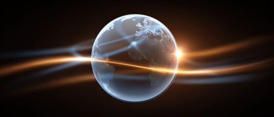 A digital globe with illuminated continents and dynamic light trails representing data flow and global connectivity on a dark background.