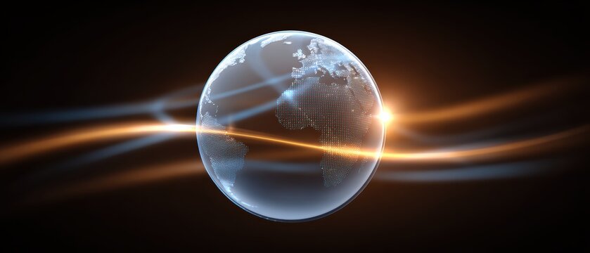 A digital globe with illuminated continents and dynamic light trails representing data flow and global connectivity on a dark background.