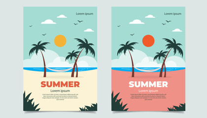 A minimal and colorful summer flyer design featuring palm trees, hammock, sea, clouds, and sun in a tropical beach setting. Perfect for summer event promotions, advertisements, and seasonal marketing 