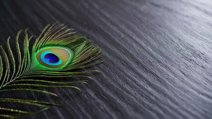 Single peacock feather on dark wood - Powered by Adobe