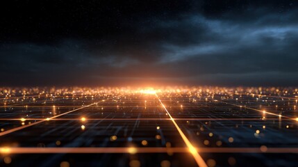 A futuristic digital grid glows with interconnected nodes and bright lines under a starry sky, symbolizing advanced technology and data networks.