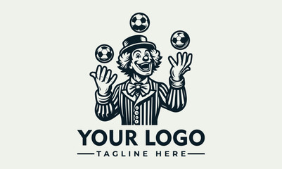 Illustration of a cheerful clown in vintage attire juggling three soccer balls, with a space for a logo and tagline.