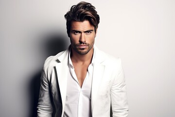 Obraz premium Studio portrait of attractive man wearing white suit and shirt