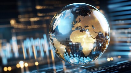 A futuristic digital globe displaying Earth's continents with data visualizations and bar graphs in a high-tech, illuminated environment.