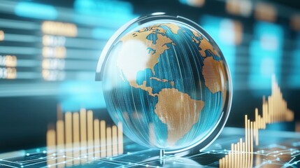 A digital globe with a focus on continents, surrounded by financial graphs and data visualizations in a futuristic technology setting.