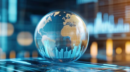 A digital globe with highlighted continents and data charts represents global analytics and technology in a futuristic business setting.