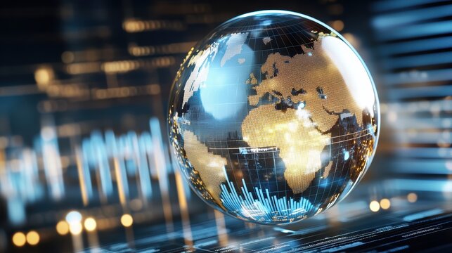A futuristic digital globe displaying Earth's continents with data visualizations and bar graphs in a high-tech, illuminated environment. - Powered by Adobe