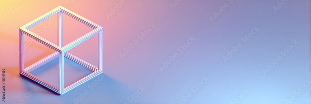 Poster minimal outline of a dice cube on a soft pastel gradient background with free space at the bottom fo
