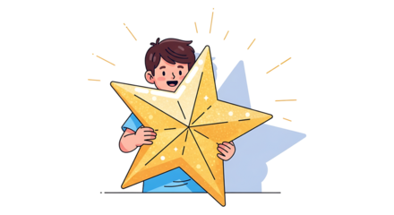 Happy Child Holding Large Gold Star Illustration in Bright Colors