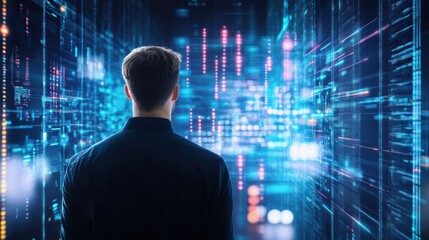 A person stands facing a digital data interface filled with glowing codes and futuristic light patterns, symbolizing technology and data analysis.