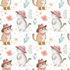 seamless watercolor pattern cat on white background