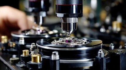 Precision machinery inspecting intricate watch components in a modern manufacturing process for timepieces