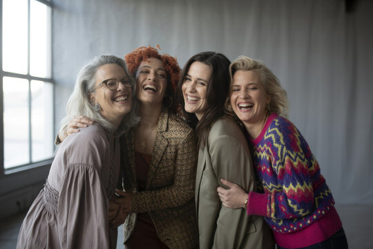 Joyful Group of Four Diverse Women Embracing and Laughing Together in Bright Studio Setting