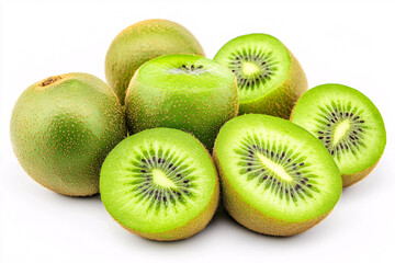 Fototapeta premium Fresh Bunch of Green Kiwi Fruits with Halves Isolated on White Background