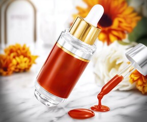 a gold-trimmed glass dropper releasing a vivid reddish-orange astaxanthin serum droplet onto a glossy marble surface, surrounded by blurred red microalgae accents and reflective highlights.