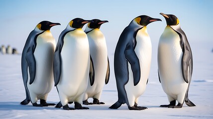 Fototapeta premium A group of king penguins standing together on a snowy landscape