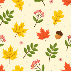 Obraz premium Seamless Autumn Botanical Vector Pattern with Maple Leaves, Acorns, and Berries on Cream Background in Cozy Hand-Drawn Style
