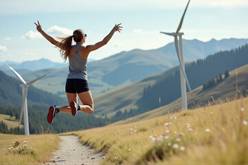 Fototapeta premium A woman is captured mid-jump in a grassy meadow with wind turbines in the background.