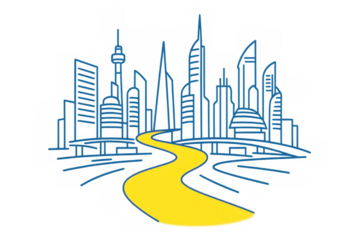 Yellow brick road leading to a big city skyline, with a transparent background, ideal for urban and futuristic projects