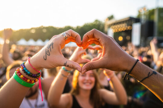Joyful Festival Crowd Celebrating Love with Heart-Shaped Hand Gesture Against Vibrant Sunset