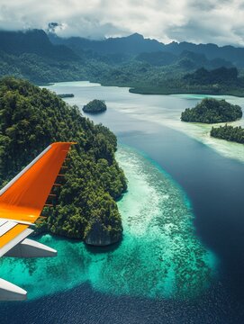 Fototapeta Beautiful landscape with turquoise waters, coral reefs, and lush green mountains under a cloudy sky as seen from the window of an airplane.