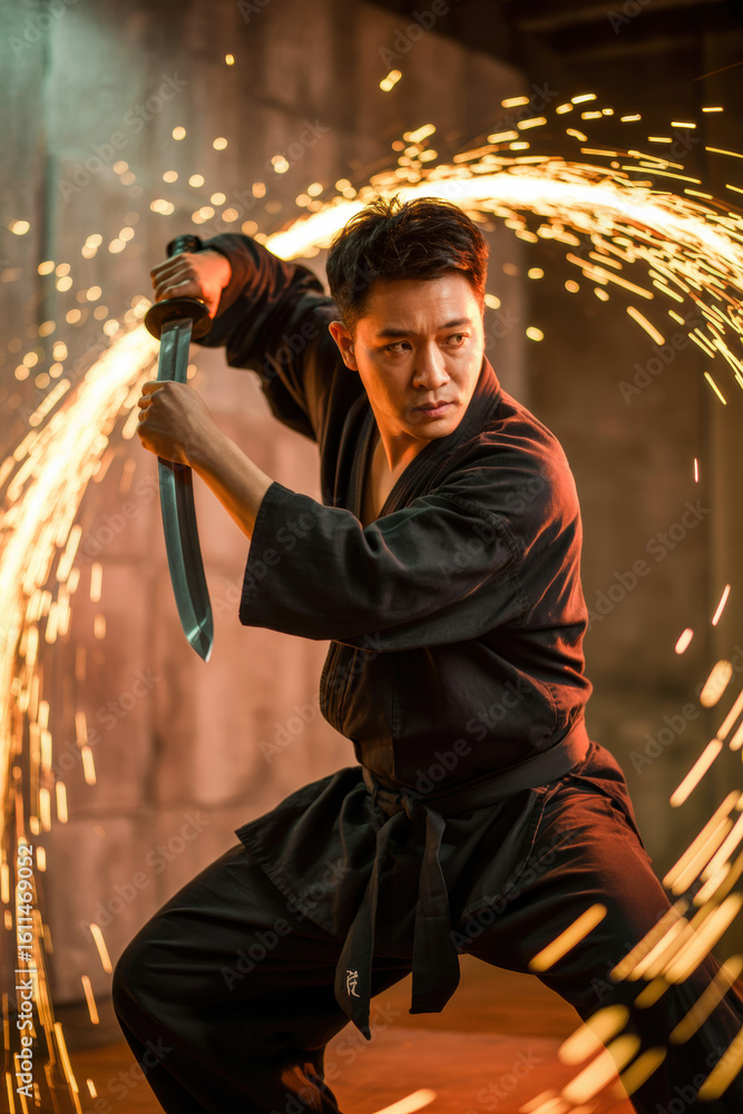 Aufkleber dynamic martial artist executing a fierce sword technique amidst a sparkling display of light