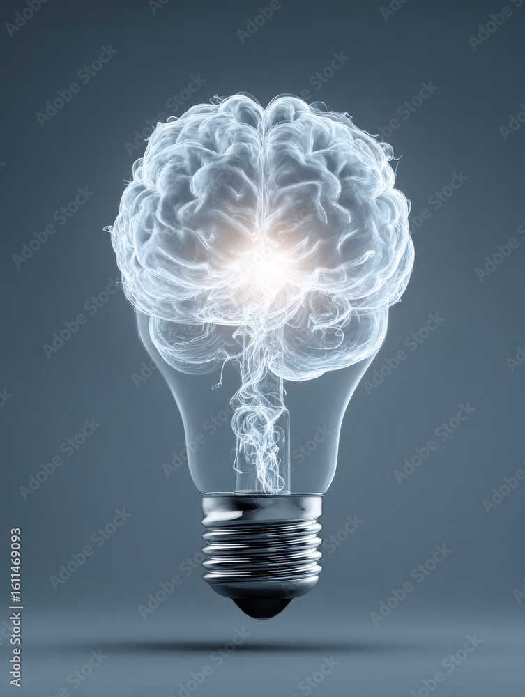 Poster brain transforming into lightbulb symbolizes innovation and creativity with an empty space on the ri