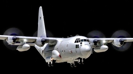 Fototapeta premium Military transport aircraft flying at night with powerful lights illuminating its sleek body