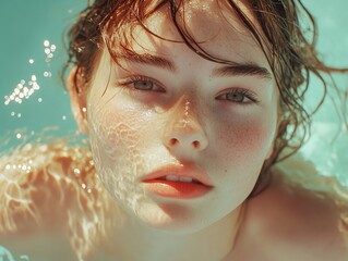 A young woman with a wet look. She has freckles and is looking directly at the camera.