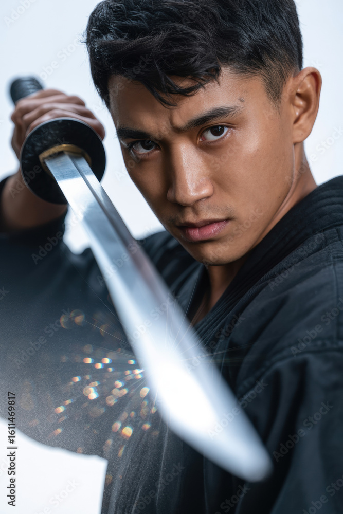 Poster intense martial artist preparing for action with sword in dynamic pose against soft light background