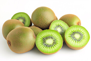 Fototapeta premium Fresh Bunch of Green Kiwi Fruits with Halves Isolated on White Background
