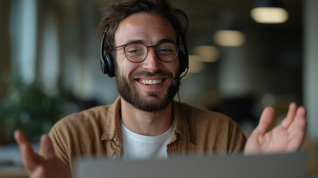 Happy young man in headset having a video call, smiling customer support representative at work