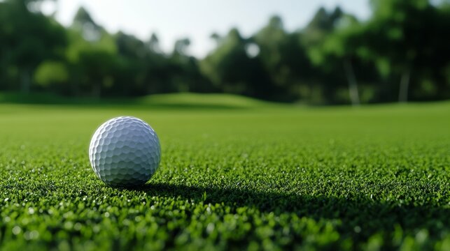 A golf ball lies in the sunlight on a lush green, surrounded by the well-groomed grass of a golf course. A tranquil scene set against a backdrop of mature trees