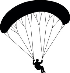 Paraglider silhouette descending against white background