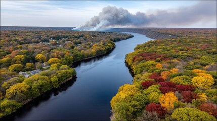 Obraz premium Aerial View of a River Surrounded by Vibrant Autumn Foliage and Smoke from a Distant Fire in New England