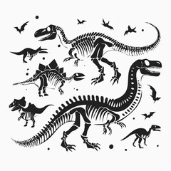 Naklejka premium Linocut dinosaur set, dino fossil print collection, skeleton vector silhouette, prehistoric monster.