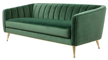 Emerald Green Velvet Channel Tufted Mid Century Modern Sofa with Gold Legs