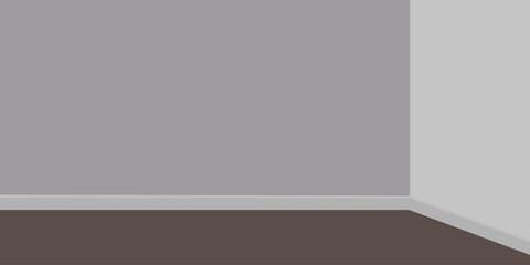 An empty room with gray walls, white trim, and a brown floor in a simple style